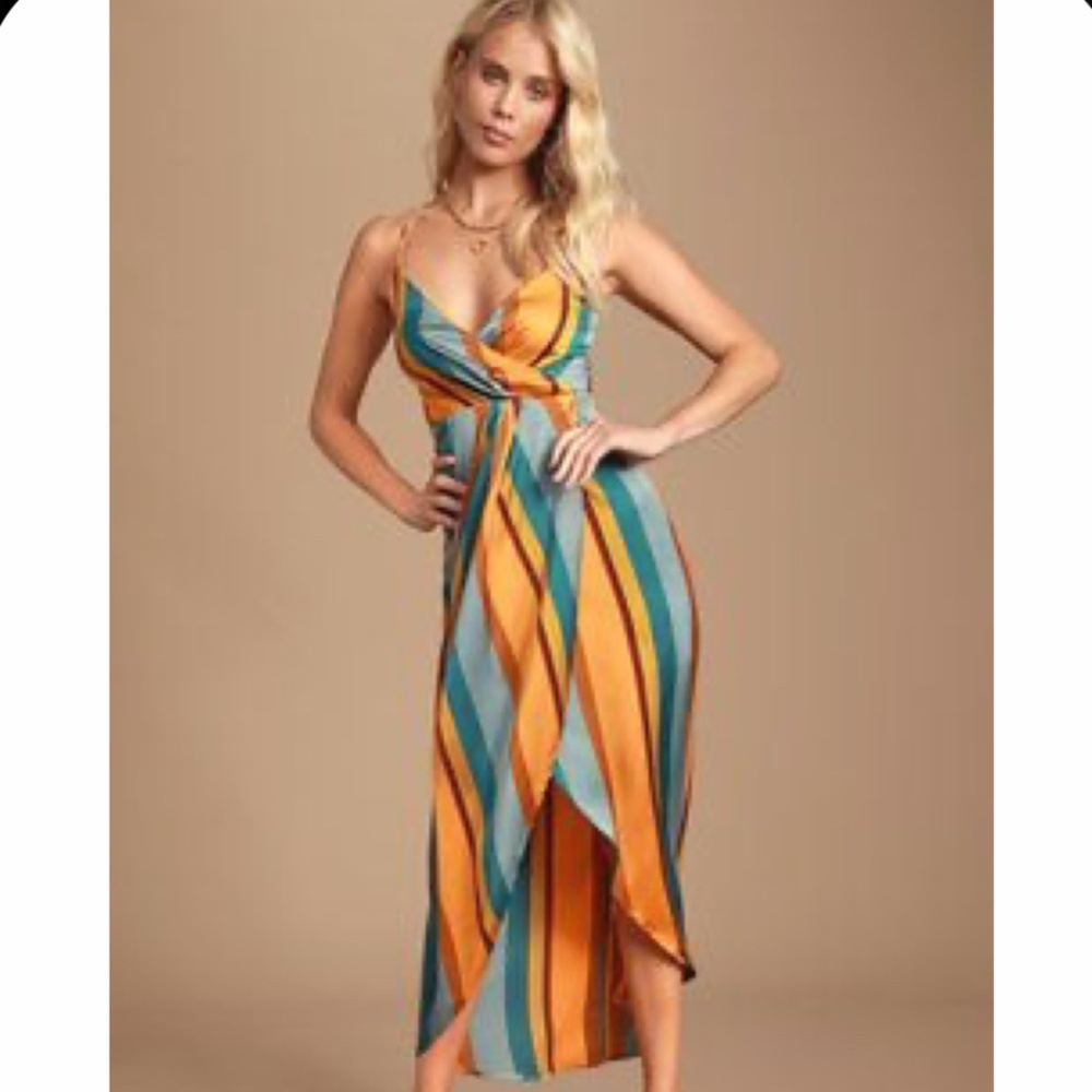 Jovi Orange multiple stripped satin high low mid dress